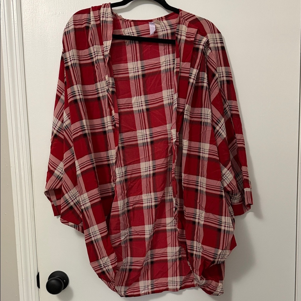Francesca's Collections Red Plaid Open Kimono